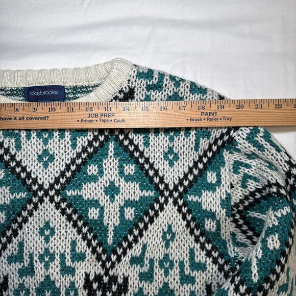 VTG Claybrooke Unisex Medium Sweater Cream Teal Navy Chunky Knit Long Sleeve - Picture 4 of 13
